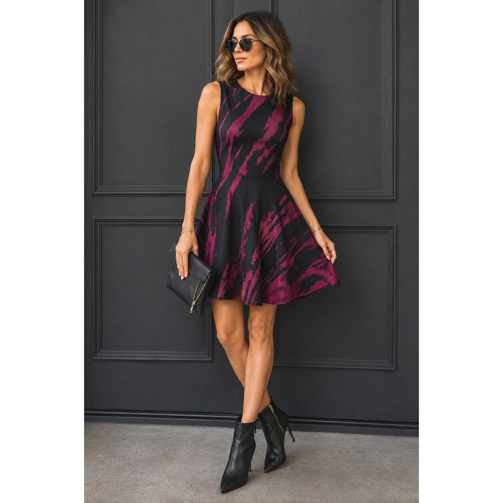 Ohne Titel Pink Black Abstract Tiger Stripe Knit Fit and Flare Dress S Edgy Bold